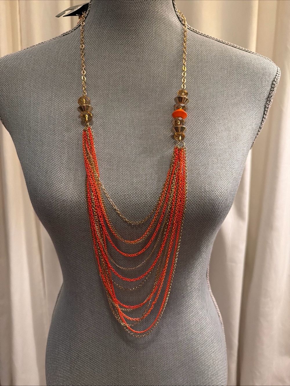 Gold and Orange Multi-Strand Tassel Necklace and Earrings set